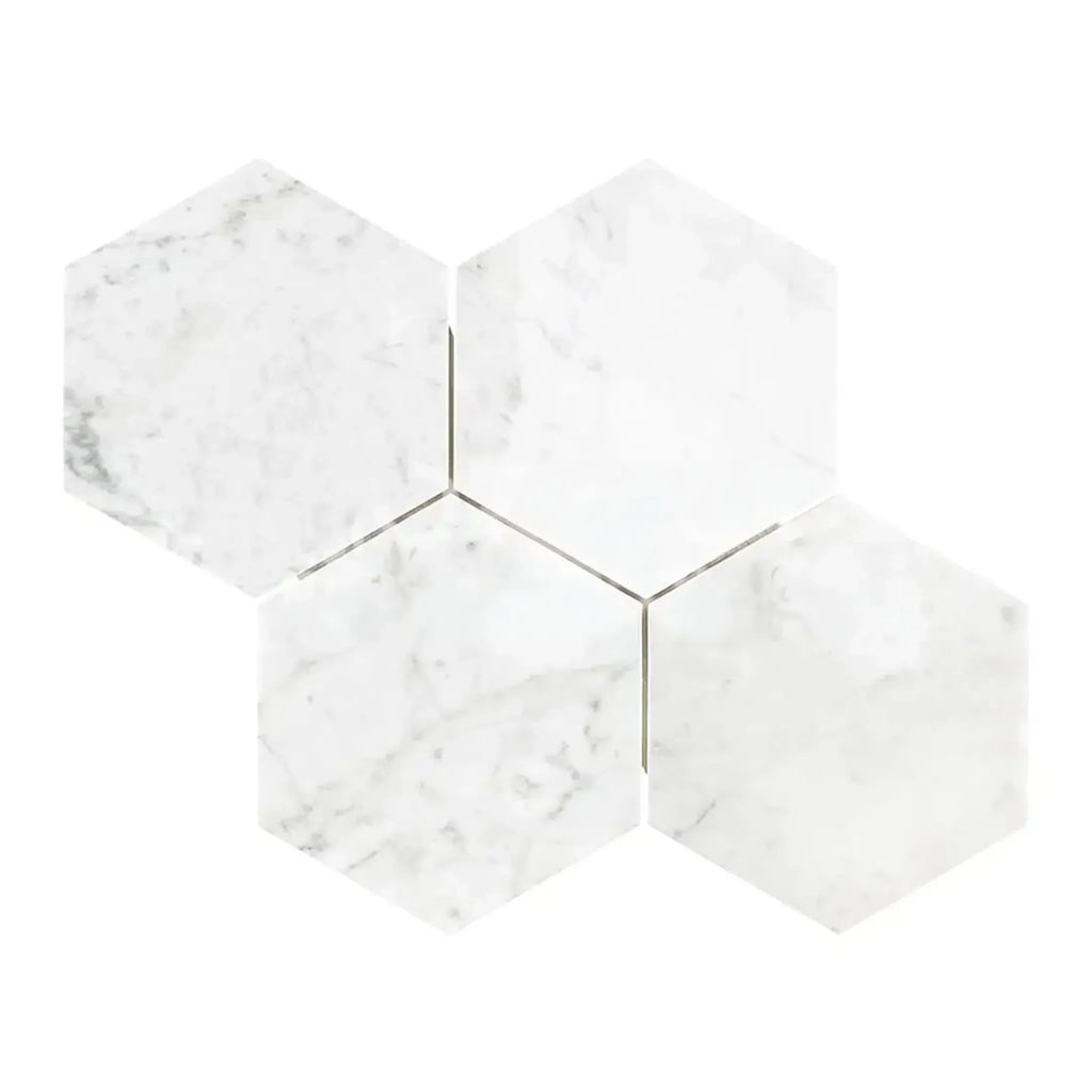 Carrara White 6-inch Hexagon Mosaic Marble Tile in polished or honed finish