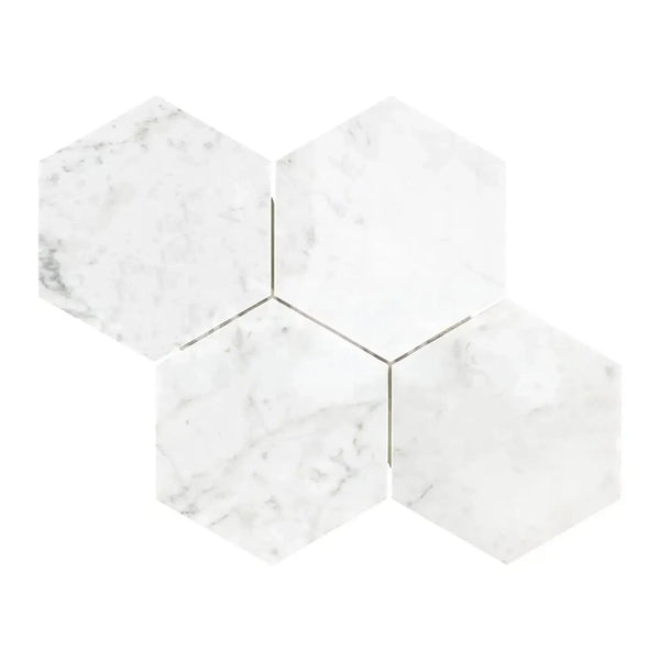 Carrara White 6-inch Hexagon Mosaic Marble Tile in polished or honed finish