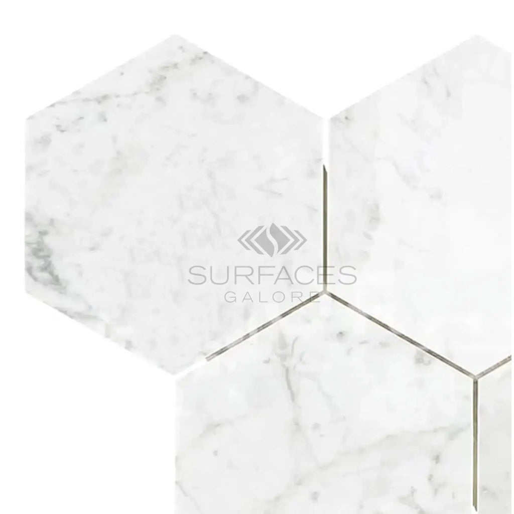 Carrara White 6 inch Hexagon Mosaic Marble Tile in polished and honed finish