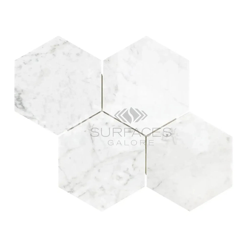 Carrara White 6 inch Hexagon Mosaic Marble Tile polished or honed for elegant interiors