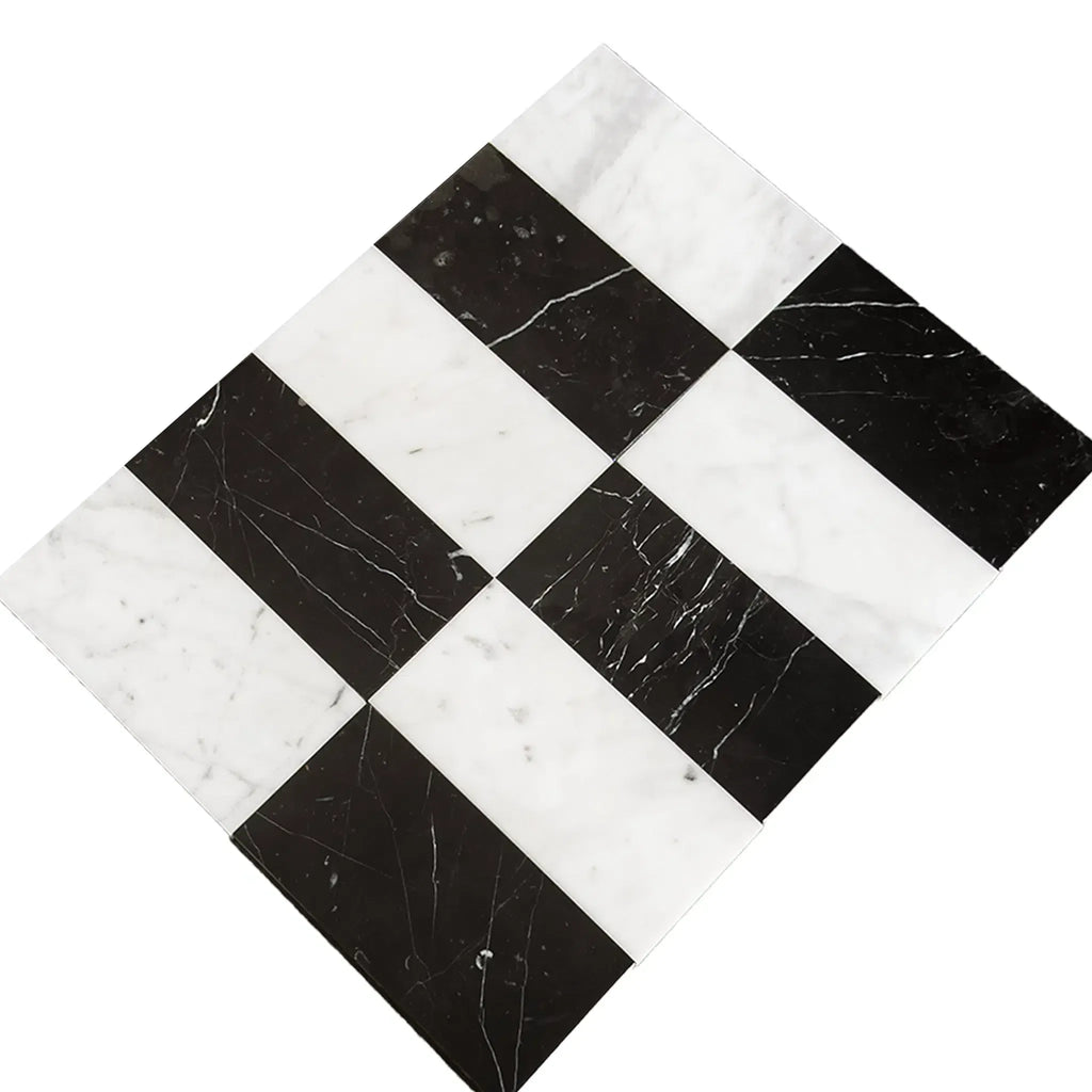 Black and white marble tile pattern from Carrara White and Nero Marquina 3X6 Set