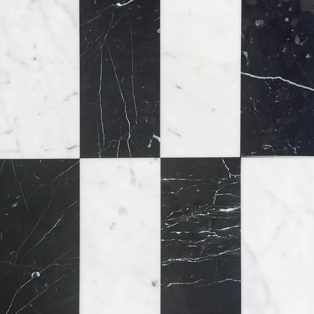 Black and white marble tile pattern of Carrara White and Nero Marquina 3X6 Set