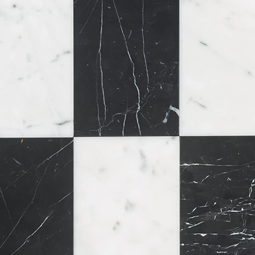 Black and white marble tiles in Carrara White and Nero Marquina 3X6 Set display