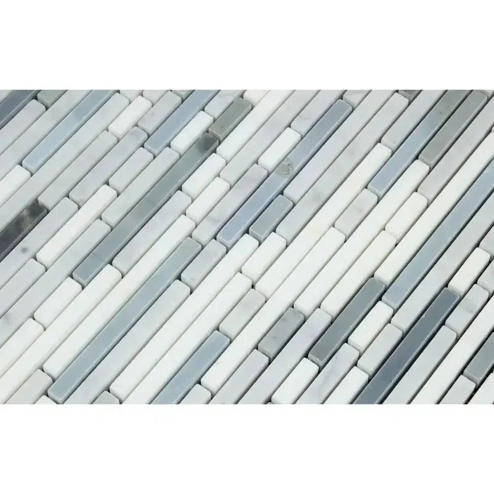 Rectangular mosaic tile pattern in Carrara White Bamboo Sticks polished or honed finish