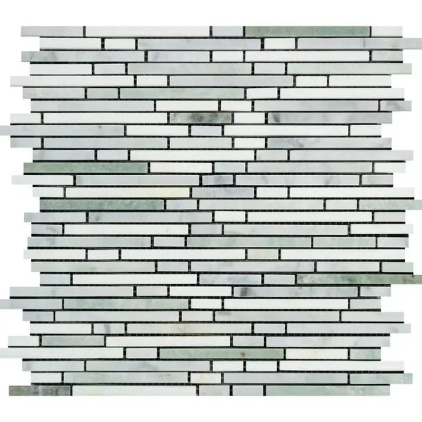 Horizontal mosaic tile pattern in Carrara White Bamboo Sticks polished or honed