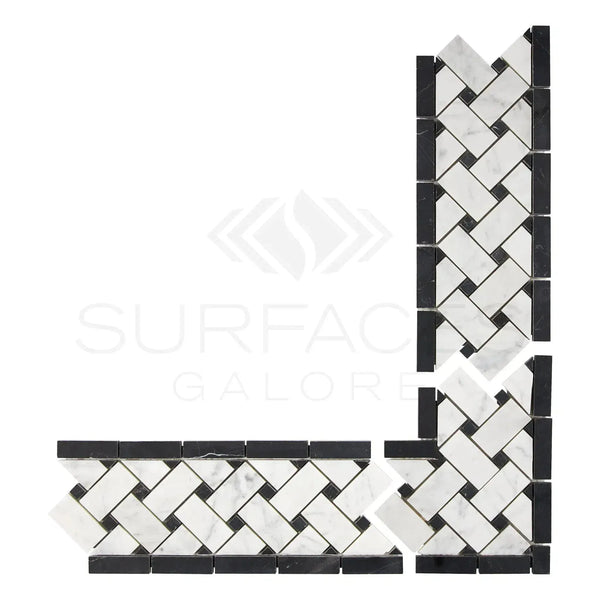 Black and white herringbone mosaic tile border for Carrara White Basketweave Corner