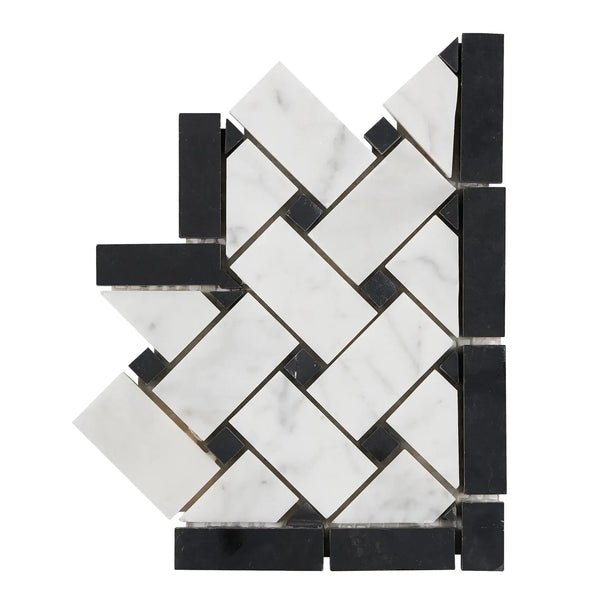 Carrara White Basketweave Border Corner with Black in herringbone tile design