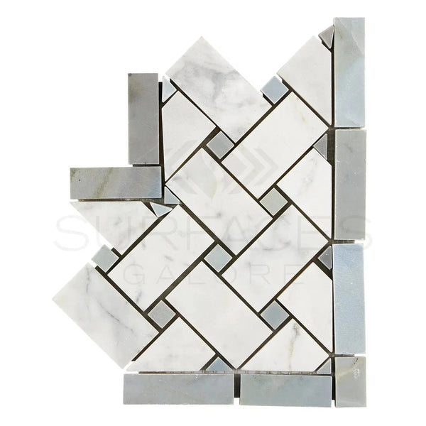 Carrara White Basketweave Border Corner with Blue-Gray Herringbone Marble Tile Mosaic