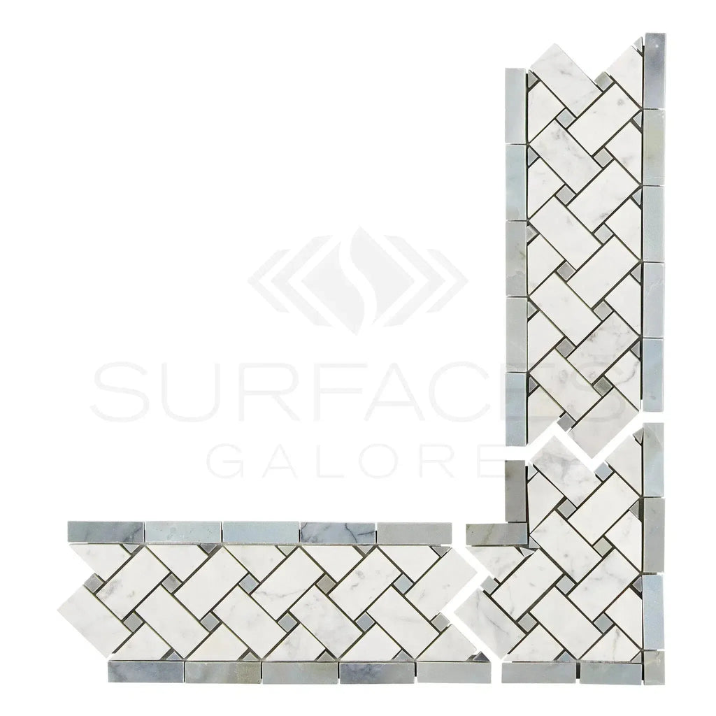 Herringbone marble mosaic tile border in Carrara White Basketweave with Blue-Gray