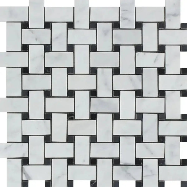 Carrara White Basketweave Mosaic Marble Tile featuring polished and honed finishes