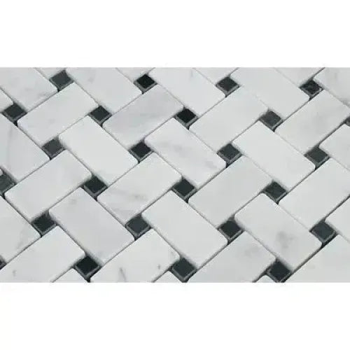 Carrara White Basketweave Mosaic Marble Tile with Black accent in herringbone pattern