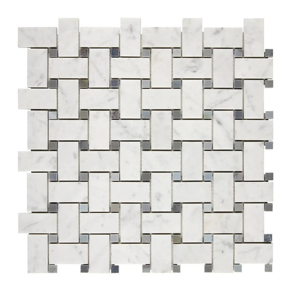 Woven white marble and gray metal mosaic tile in Carrara White Basketweave design