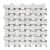 Woven marble and metal mosaic tile in Carrara White Basketweave design with Blue-Gray accents