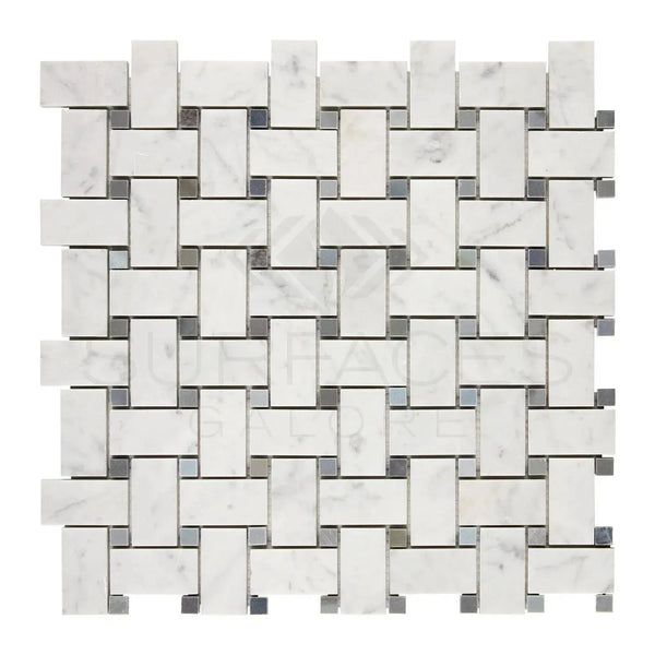 Woven marble and metal mosaic tile in Carrara White Basketweave design with Blue-Gray accents