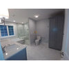 Modern bathroom featuring gray cabinets and Carrara White Basketweave Mosaic Marble Tile