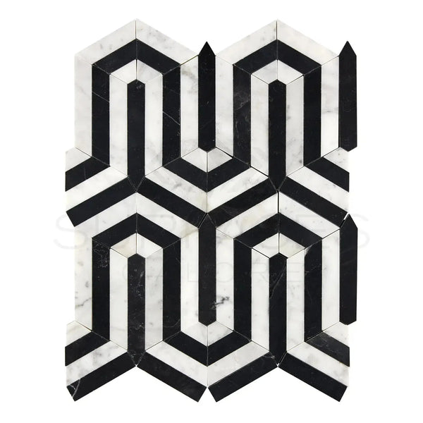 Black and white geometric tile pattern of Carrara White Berlinatta Design Mosaic