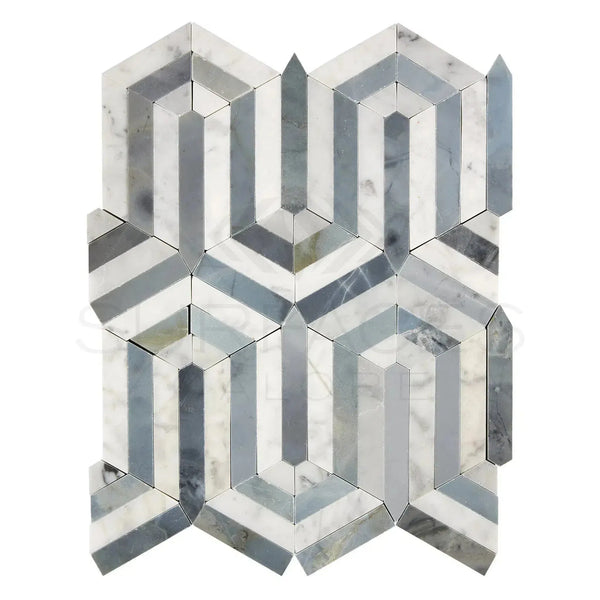 Hexagonal Carrara White Berlinatta Design Marble Mosaic Tile with Blue-Gray Accents