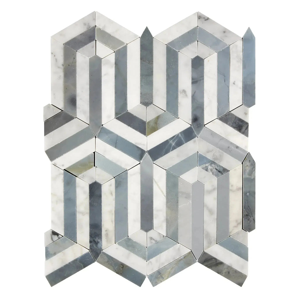 Hexagonal Carrara White Berlinatta Design Mosaic Tile in Blue-Gray Polished or Honed