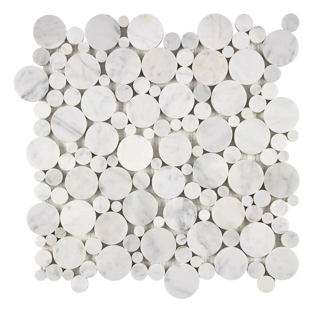 Carrara White Bubbles Mosaic Marble Tile in polished white marble circle design