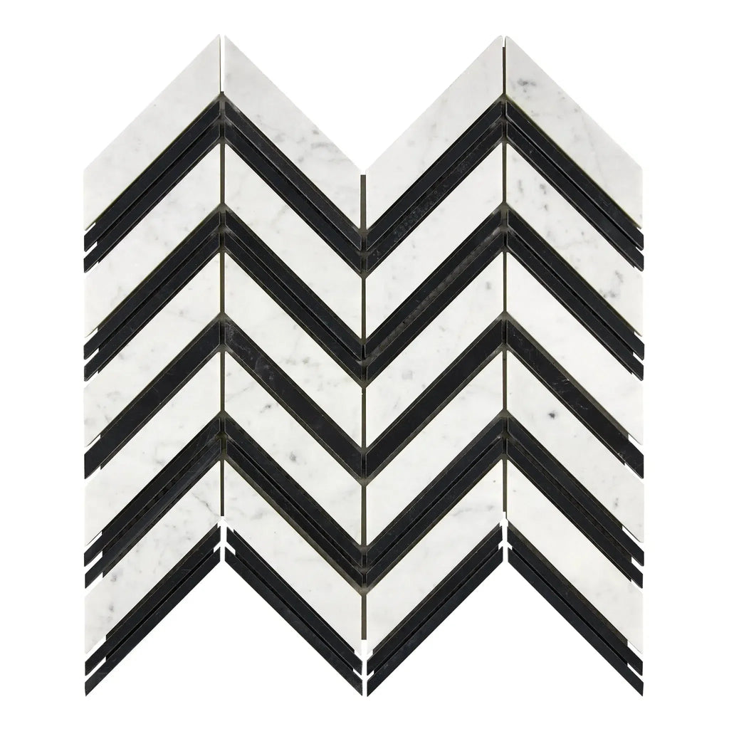 Carrara White Chevron Large Mosaic Marble Tile with Carrara and Black Pattern