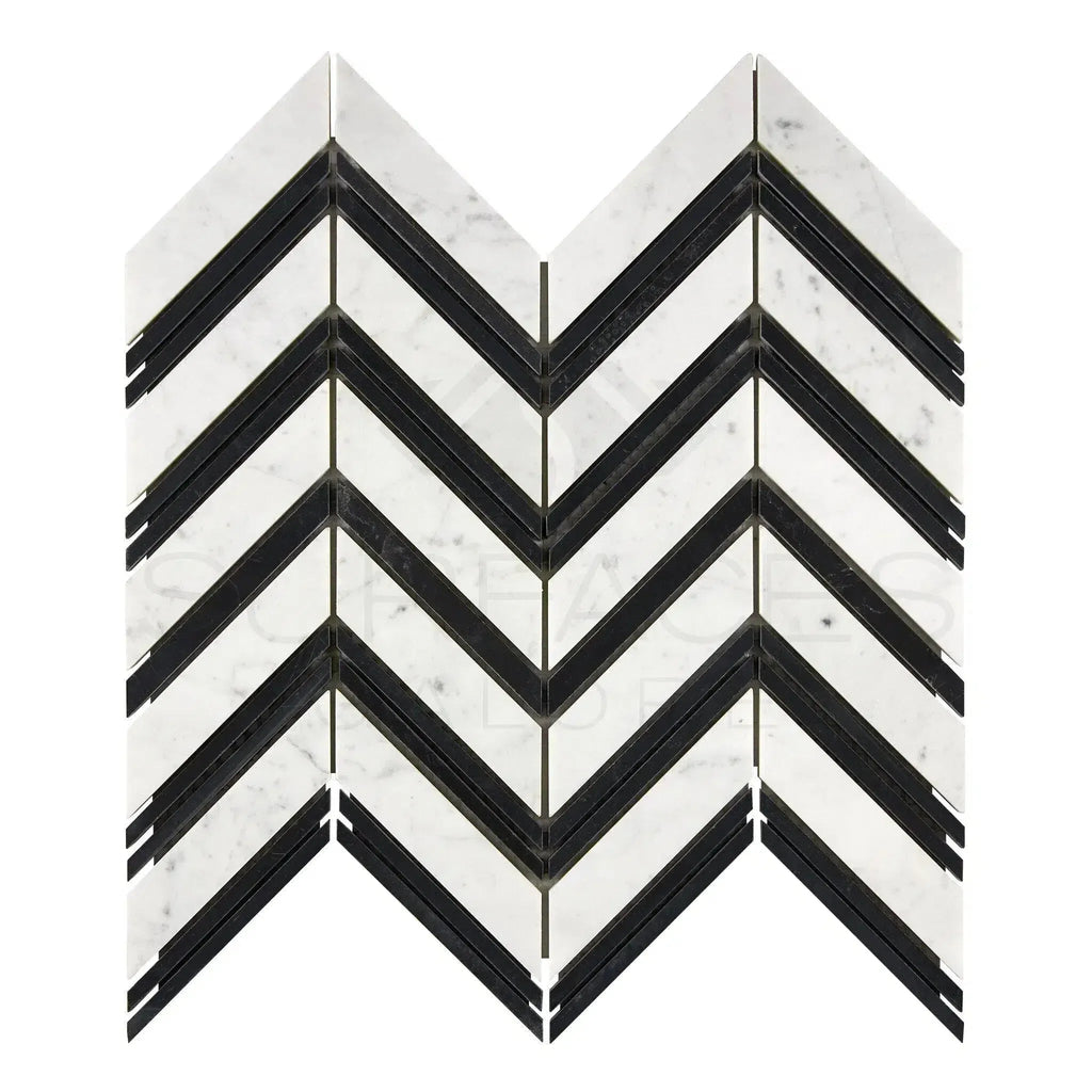 Carrara White Chevron large polished or honed mosaic marble tile with black accents