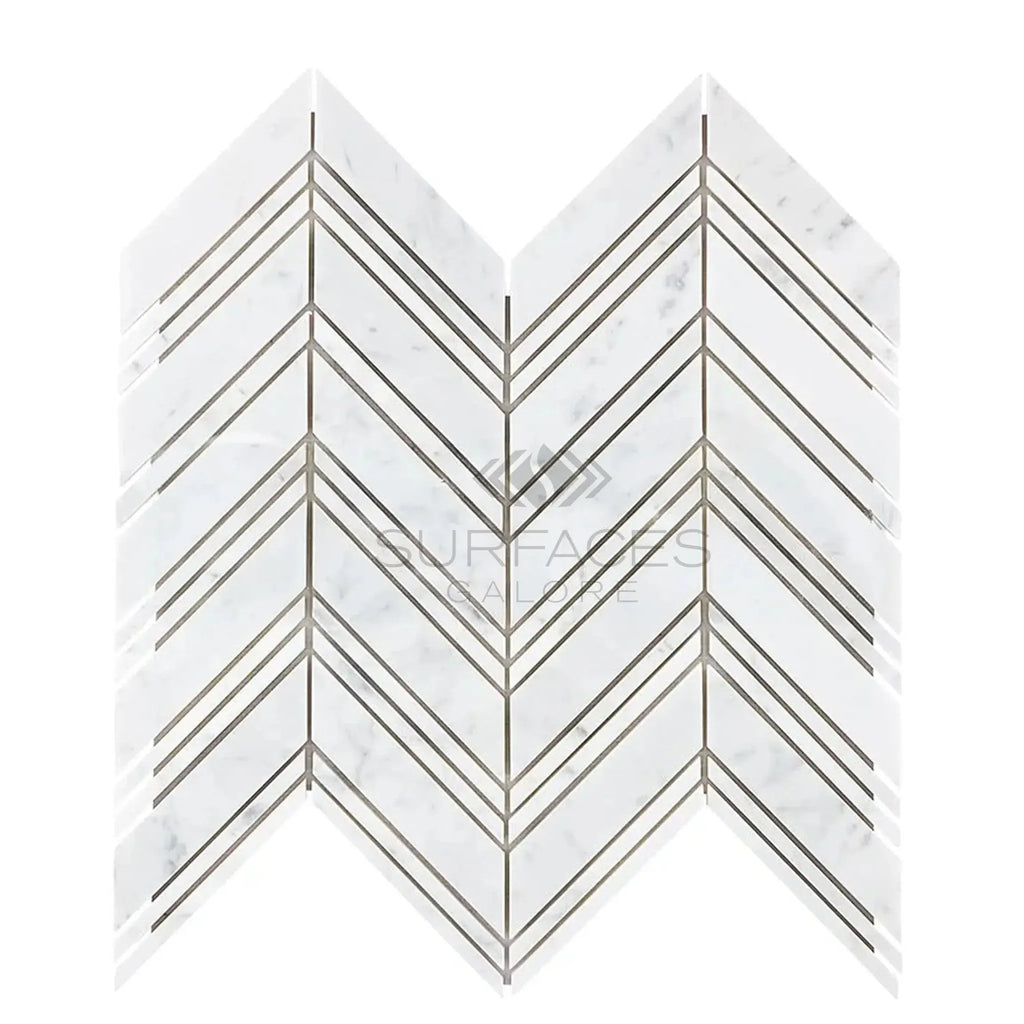 White marble chevron mosaic tile from Carrara White Chevron large product collection