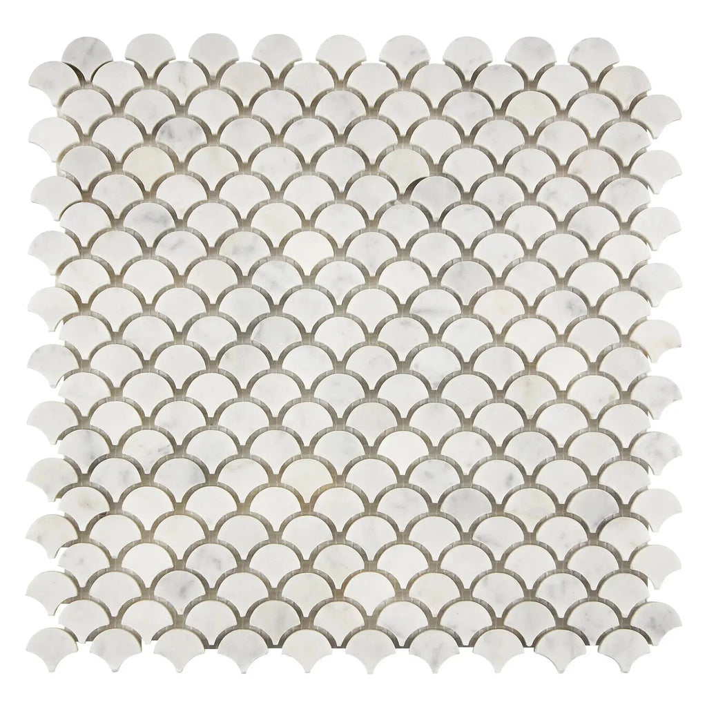 White marble scallop tile mosaic from Carrara White Fan Raindrop Marble Tile collection