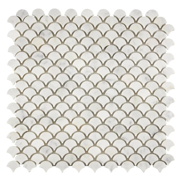 White marble scallop tile mosaic from Carrara White Fan Raindrop Marble Tile collection