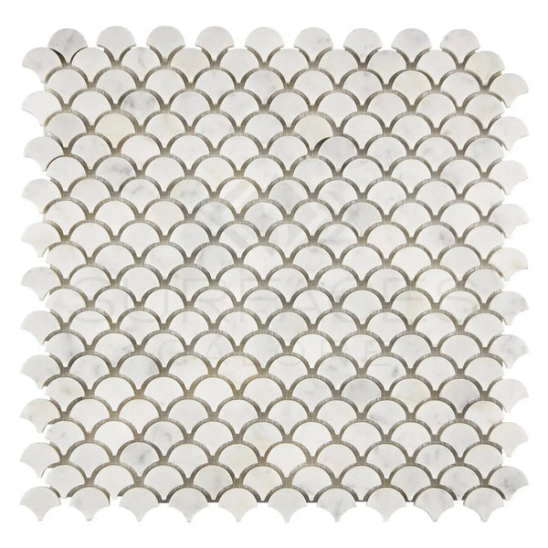 White marble scallop tile in Carrara White Fan Mosaic Marble Tile, polished or honed