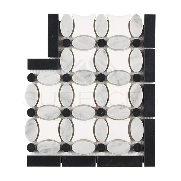 Black and white marble mosaic tile from Carrara White Florida Flower Border CORNER collection