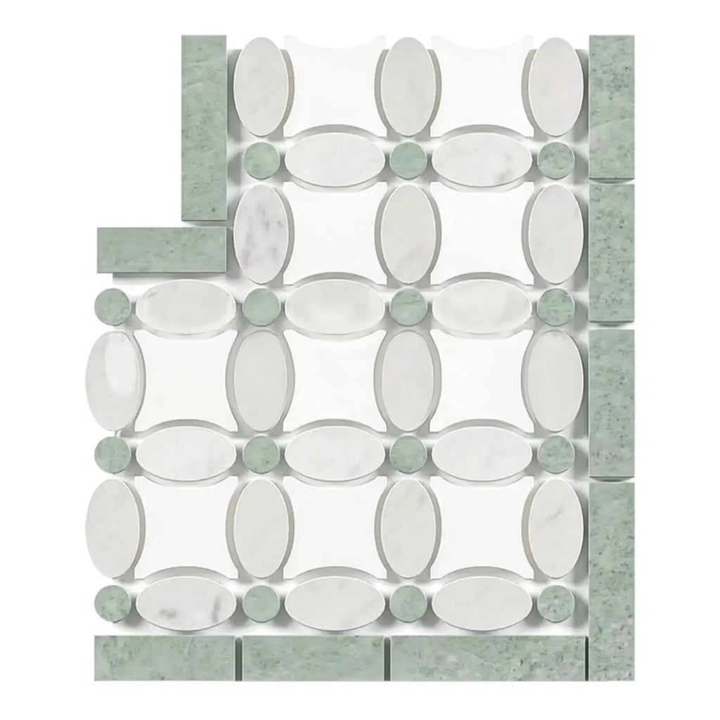 Decorative tile mosaic of Carrara White Florida Flower Border corner with Ming Green accents