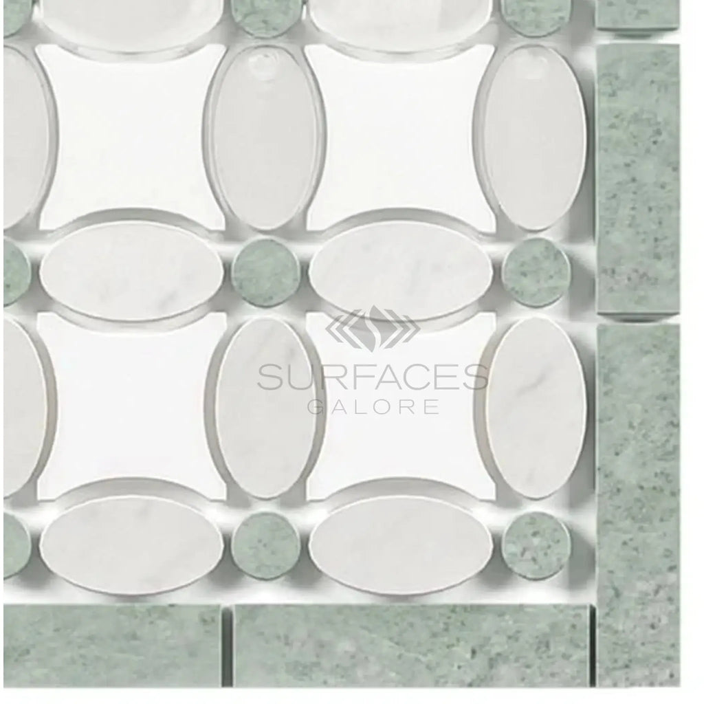 White and green mosaic tile pattern in Carrara White Florida Flower Border CORNER