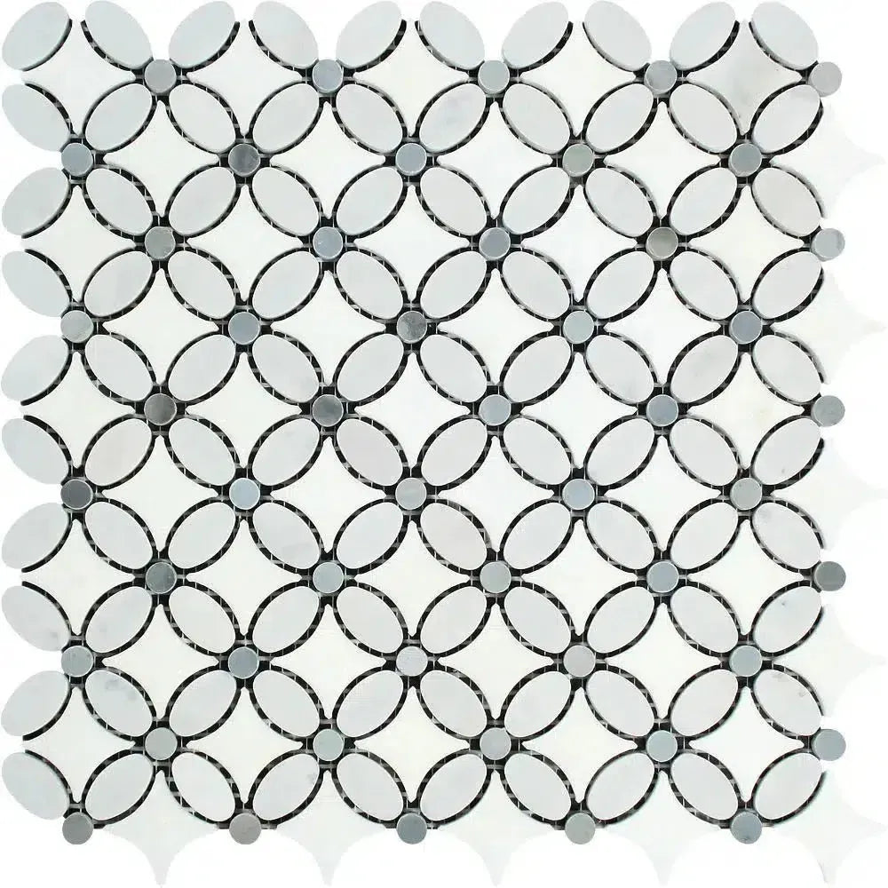 Interlocking oval and circular mosaic tile pattern of Carrara White Florida Flower Mosaic