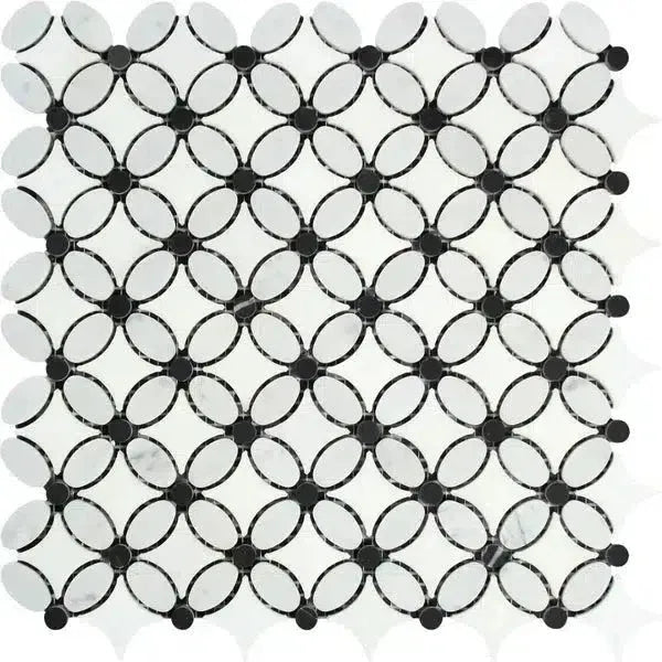 Mosaic tile pattern featuring Carrara White Florida Flower Marble in polished finish