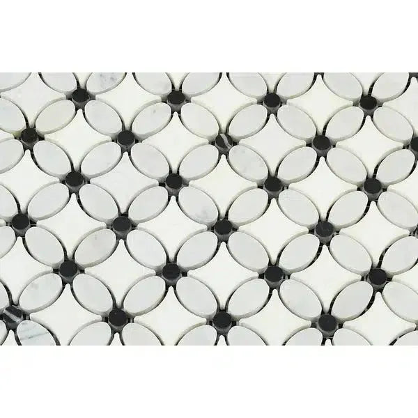 Interlocking black and white mosaic tile pattern from Carrara White Florida Flower Mosaic