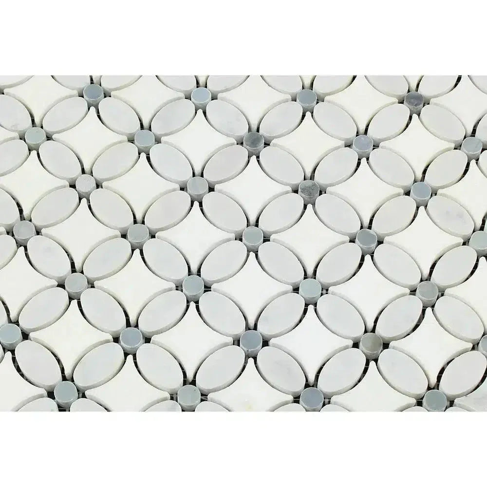 Interlocking white and gray mosaic tile pattern in Carrara White Florida Flower Mosaic