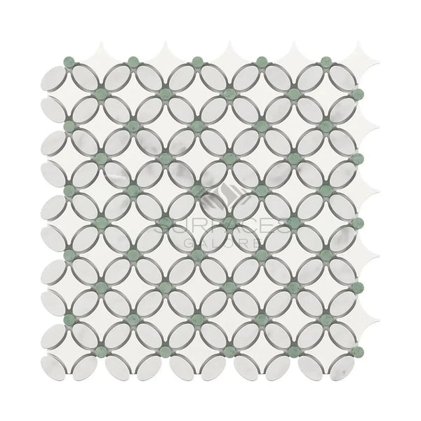 Interlocking oval and circular mosaic tile pattern in Carrara White Florida Flower design