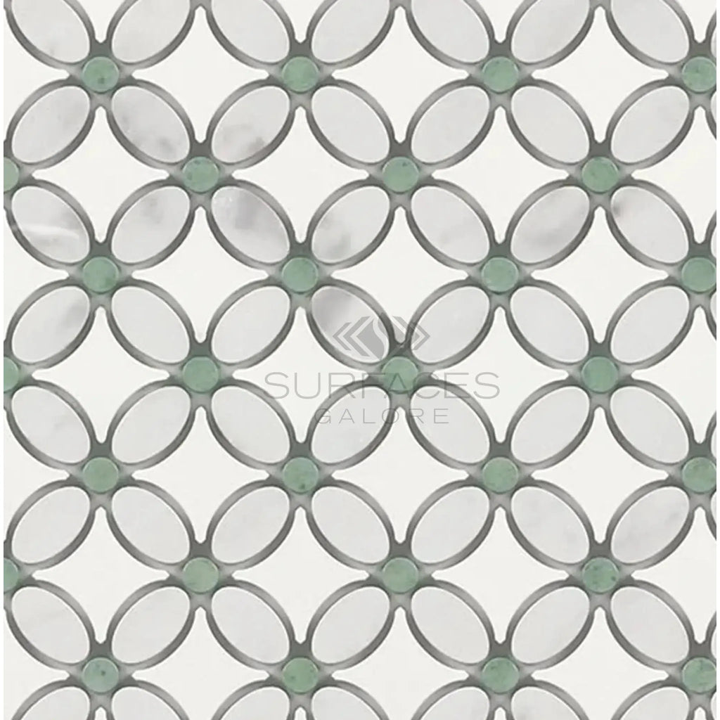 Interlocking oval and circular tile pattern of Carrara White Florida Flower Mosaic