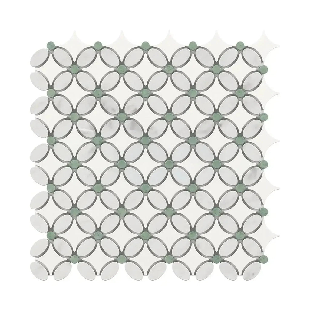 Carrara White Florida Flower Mosaic featuring Thassos, White Carrara, and Ming Green dots