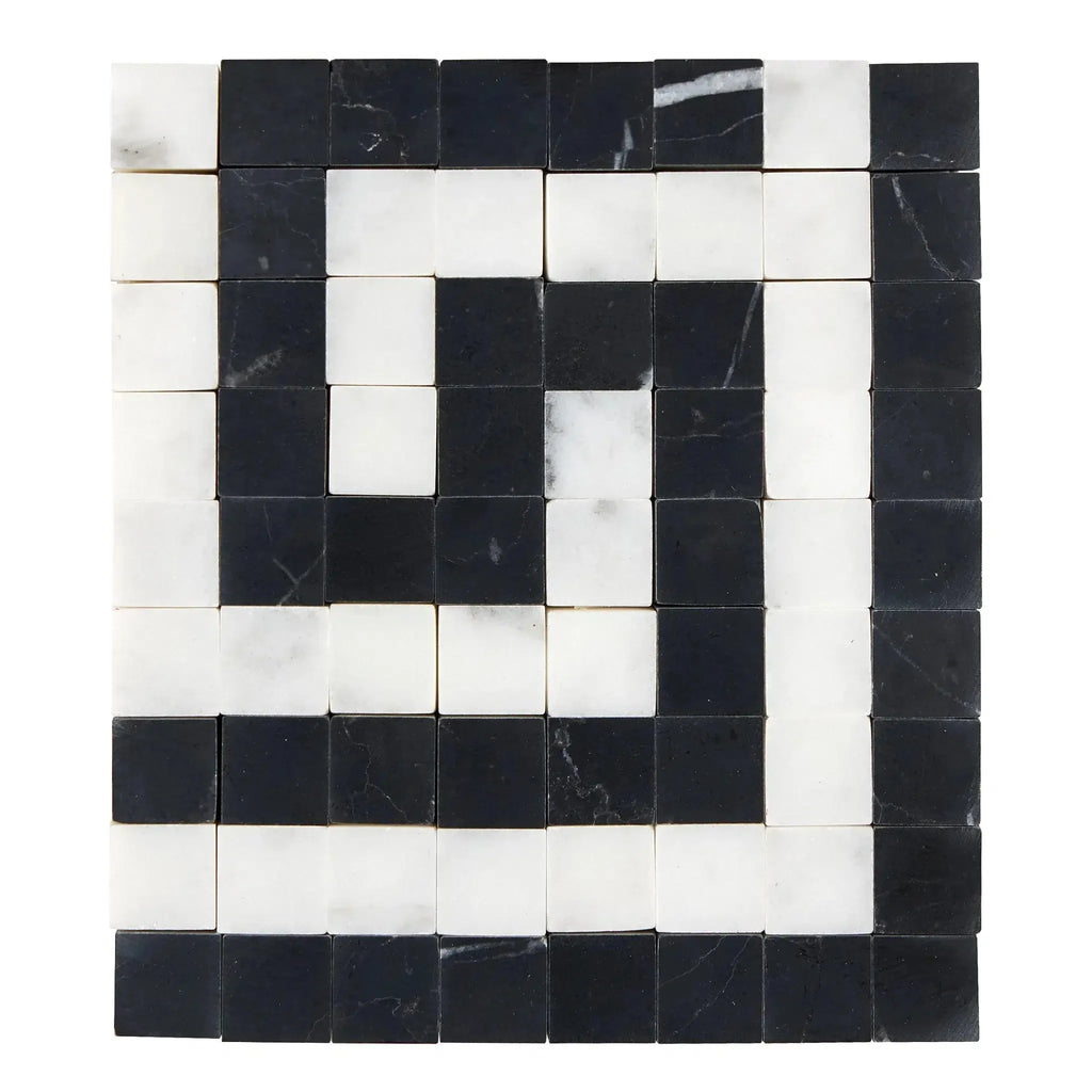 Black and white marble tile pattern of Carrara White Greek Key Border Corner design