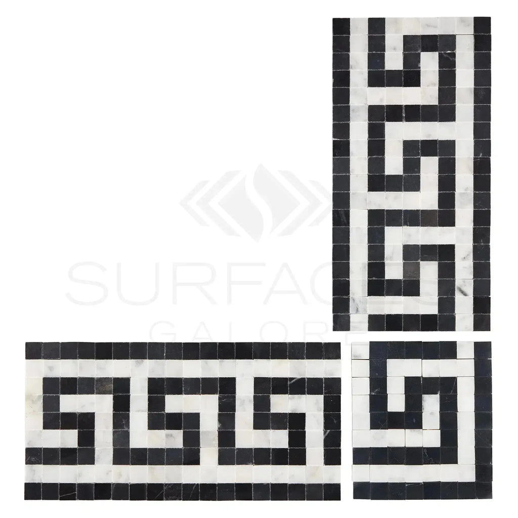 Black and white mosaic border tiles in Carrara White Greek Key design, polished or honed