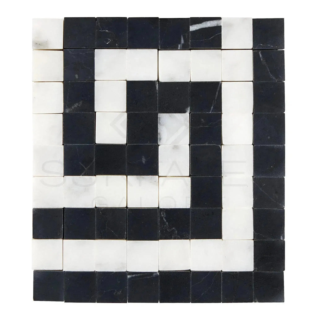 Black and white mosaic tile pattern of Carrara White Greek Key Border Corner polished finish