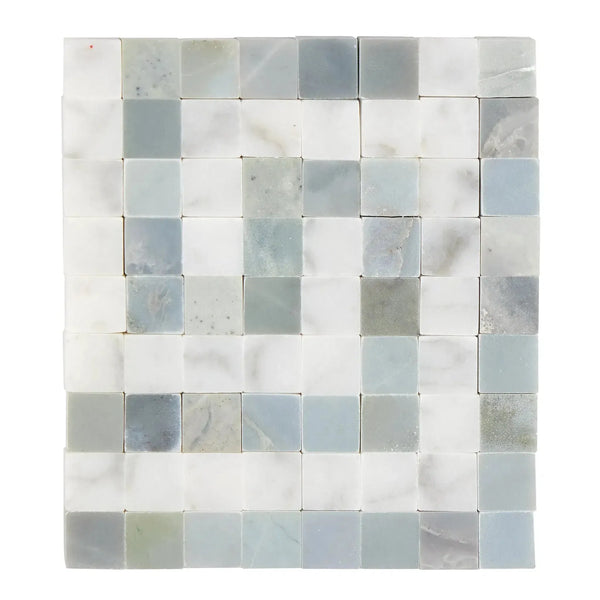 Square mosaic tile sheet featuring Carrara White Greek Key Border with Blue-Gray accents