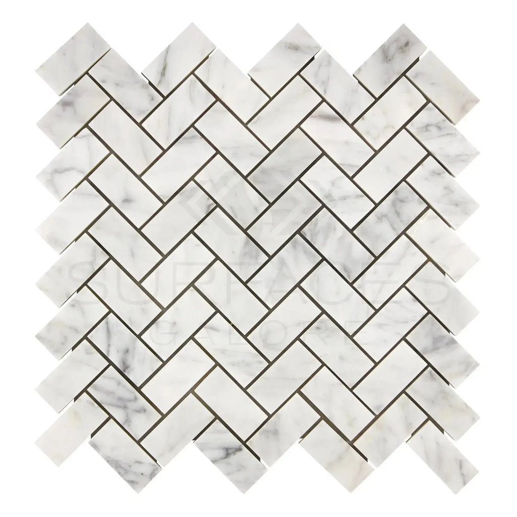 Carrara White Herringbone Mosaic 1X2 Brick Marble Tile in polished or honed finish