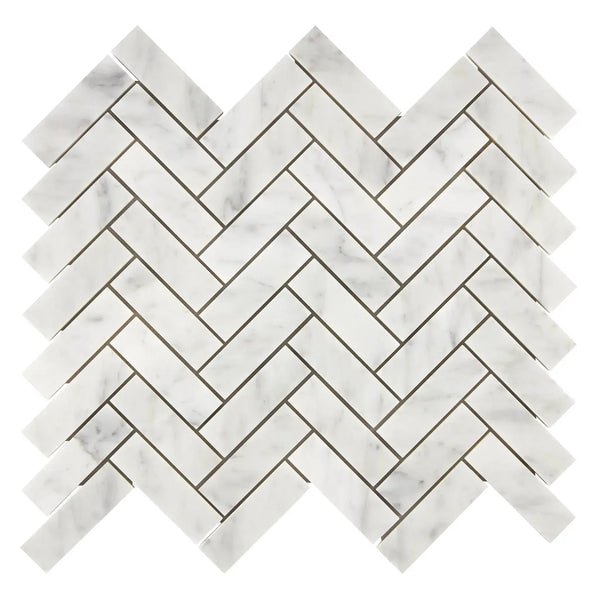 Carrara White Herringbone Mosaic 1X3 Brick Marble Tile in polished finish