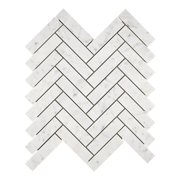 White marble herringbone tile from Carrara White Herringbone Mosaic collection