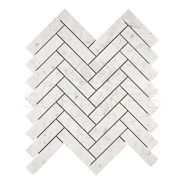 Carrara White Herringbone Mosaic 1X4 Brick Marble Tile in polished finish