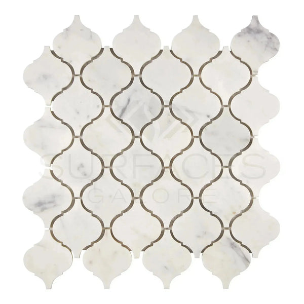 White marble arabesque tile mosaic in Carrara White Lantern 3 inch polished tile