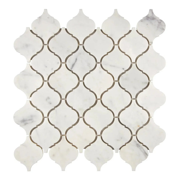 White marble arabesque mosaic tile in Carrara White Lantern 3 inch design