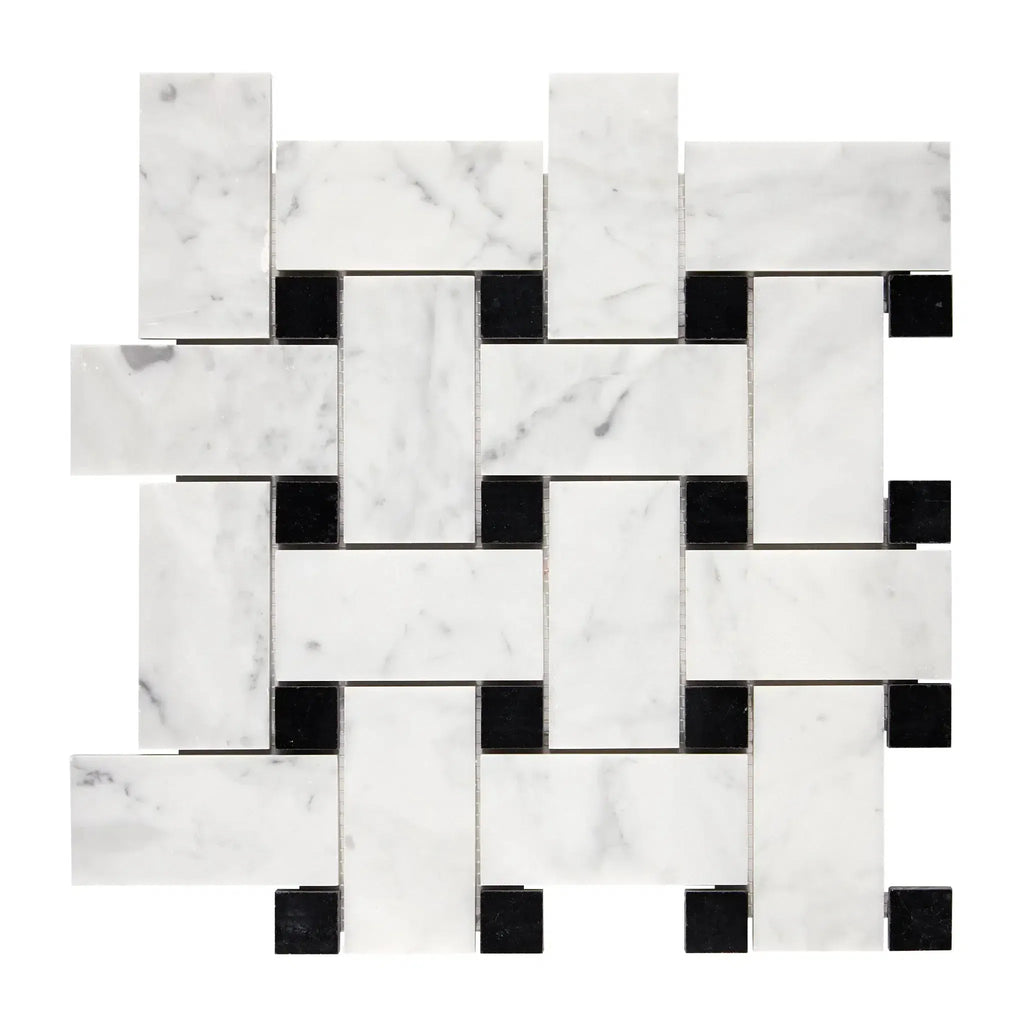 Carrara White Large Basketweave with Black Mosaic Marble Tile in polished or honed finish